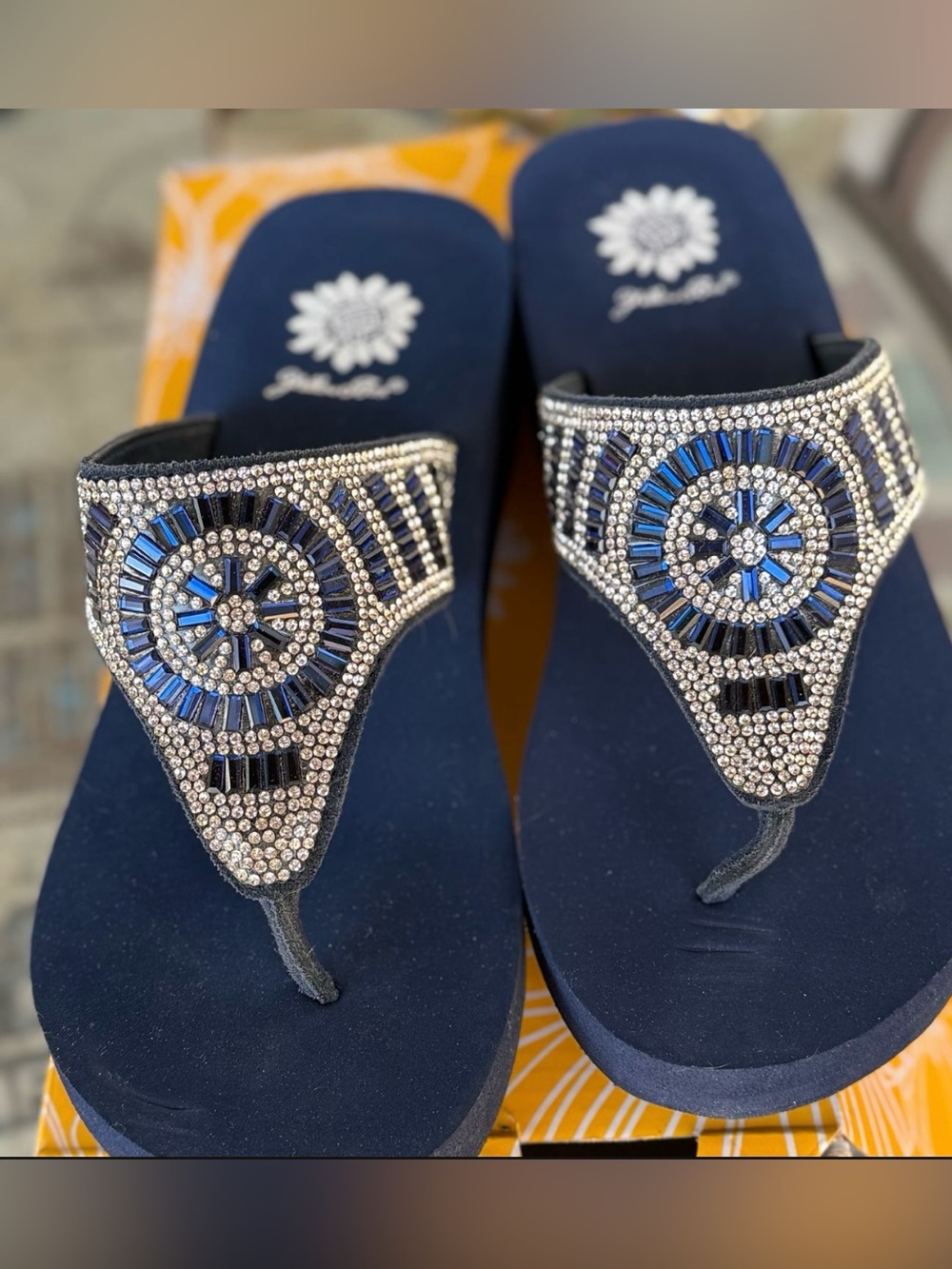 Yellow box Wedge Thong Sandals with Blue Crystal Embellishment - Ladies